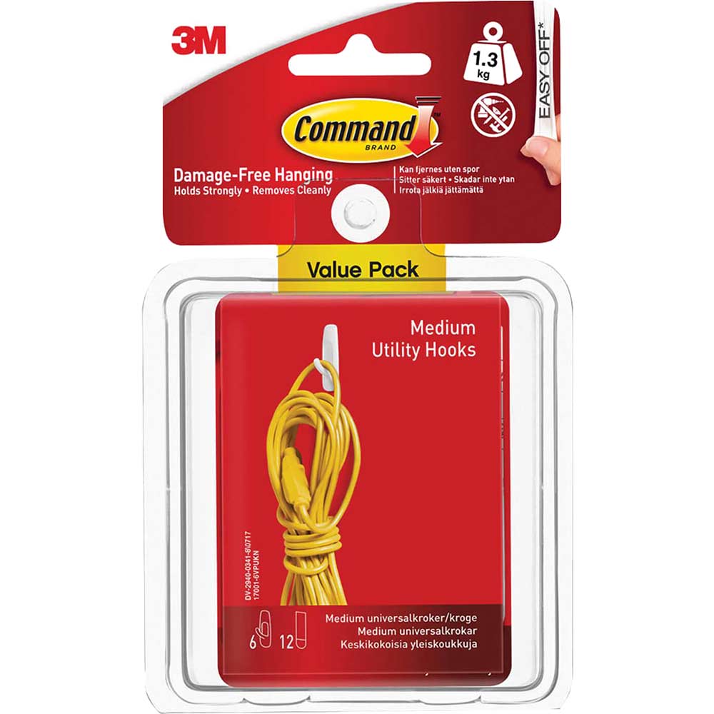 Command Adhesive Strip Utility Hooks White M Pack of 6