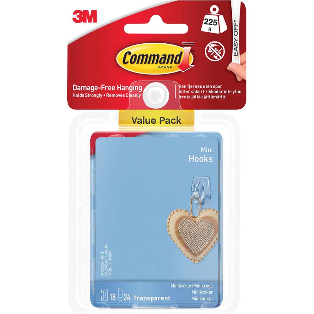 Command Adhesive Strip Mini Hooks Clear Pack of 18
