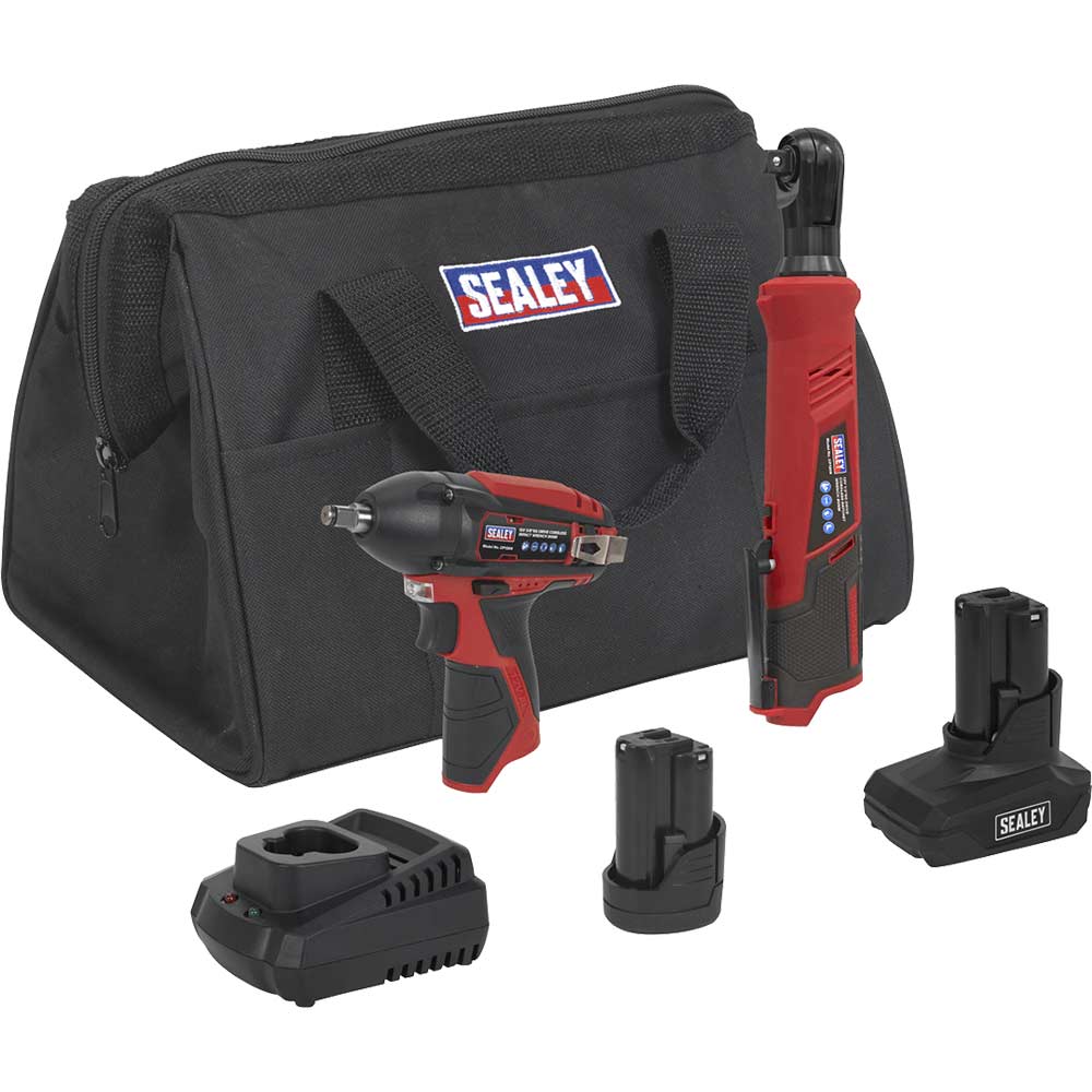 Sealey CP1200 12v Cordless 2 Piece Power Tool Kit 1 x 1.5ah & 1 x 3ah Li-ion Battery Charger Bag in UK Specification