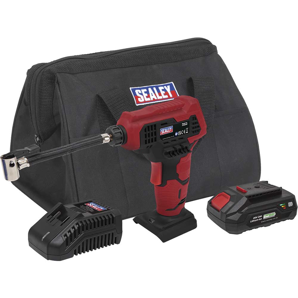 Sealey CP20VAP 20v Cordless Air Pump 1 x 2ah Li-ion Battery Charger Bag