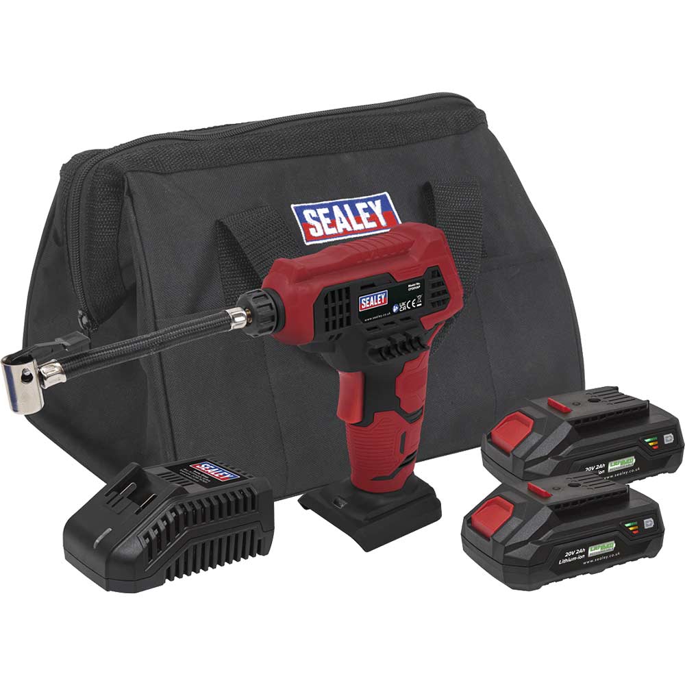 Sealey CP20VAP 20v Cordless Air Pump 2 x 2ah Li-ion Battery Charger Bag