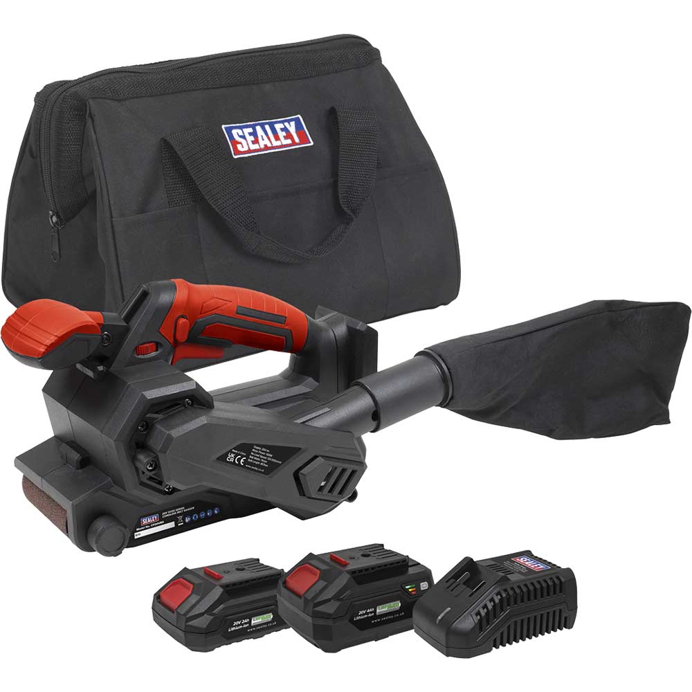 Sealey ACP20VBS 20v Cordless Belt Sander 76mm 1 x 2ah & 1 x 4ah Li-ion Battery Charger Bag