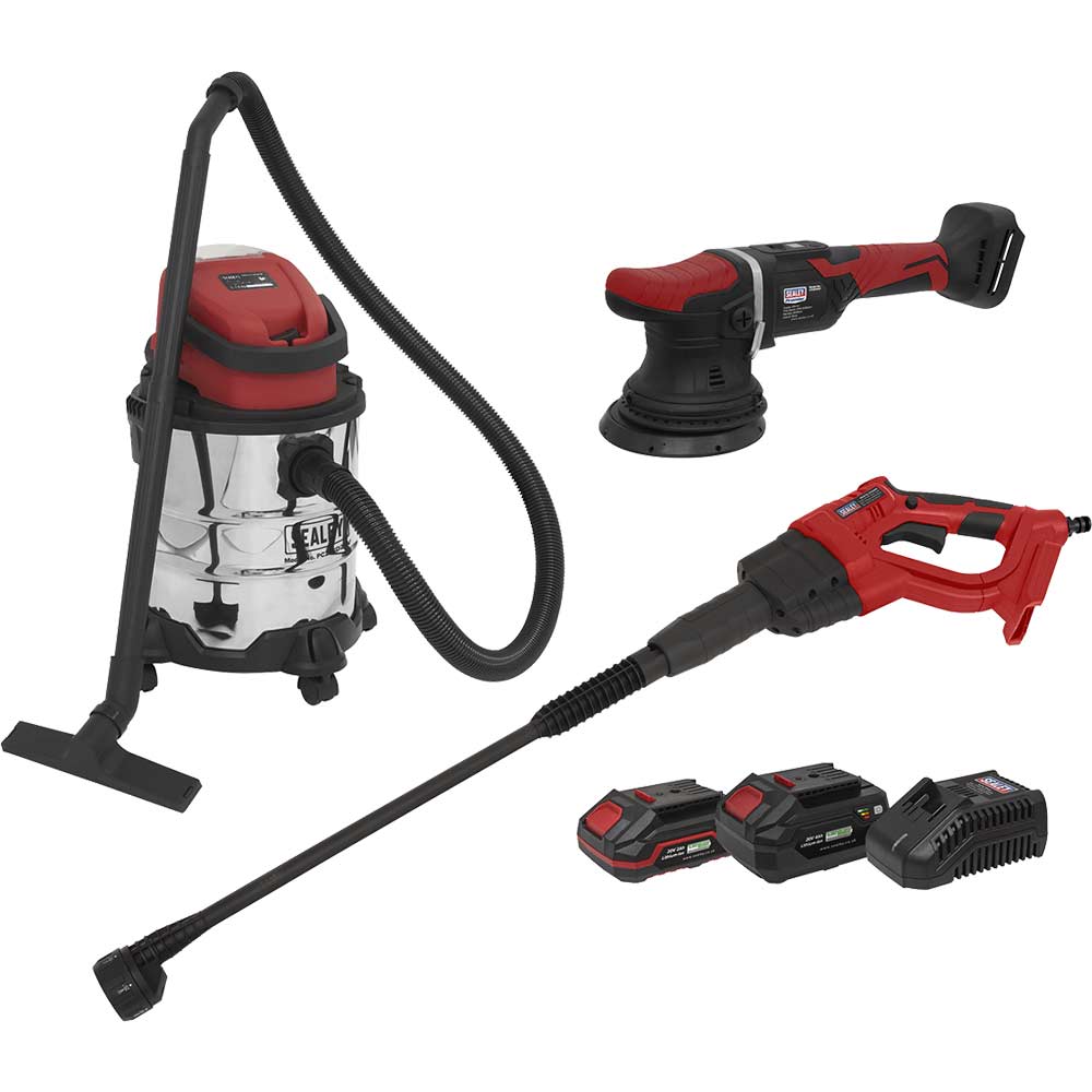 Image of Sealey CP20V 20v Cordless 3 Piece Car Valeting Power Tool Kit 1 x 2ah & 1 x 4ah Li-ion Battery Charger No Case
