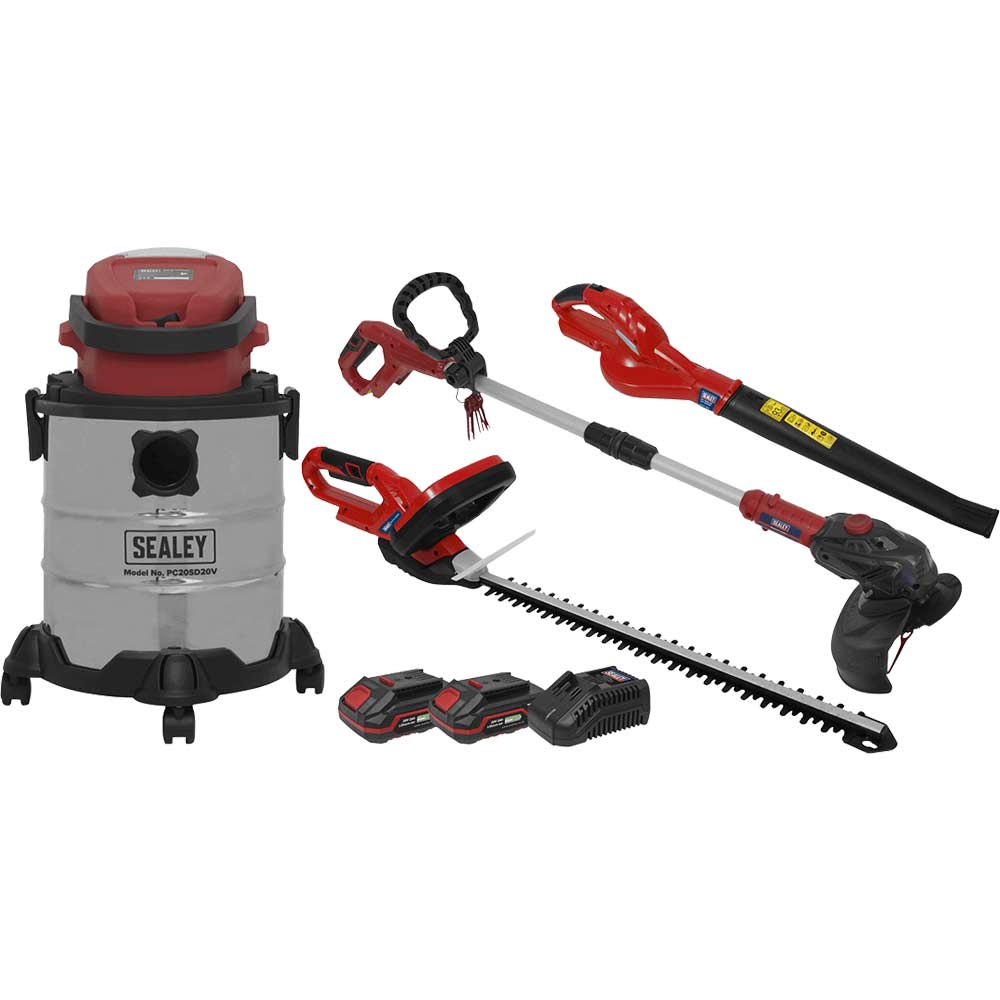 Sealey CP20V 20v Cordless 4 Piece Garden Power Tool Kit 1 x 2ah & 1 x 3ah Li-ion Battery Charger