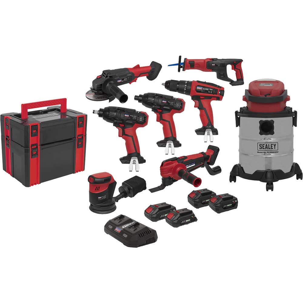 Image of Sealey CP20V 20v Cordless 8 Piece Power Tool Kit 2 x 2ah, 1 x 3ah & 1 x 4ah Battery Charger Case