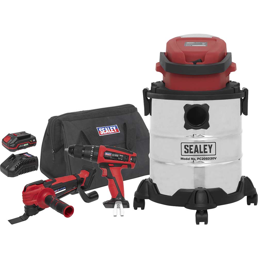 Image of Sealey SV20 20v Cordless 3 Piece Power Tool Kit 2 x 2ah Li-ion Battery Charger Bag
