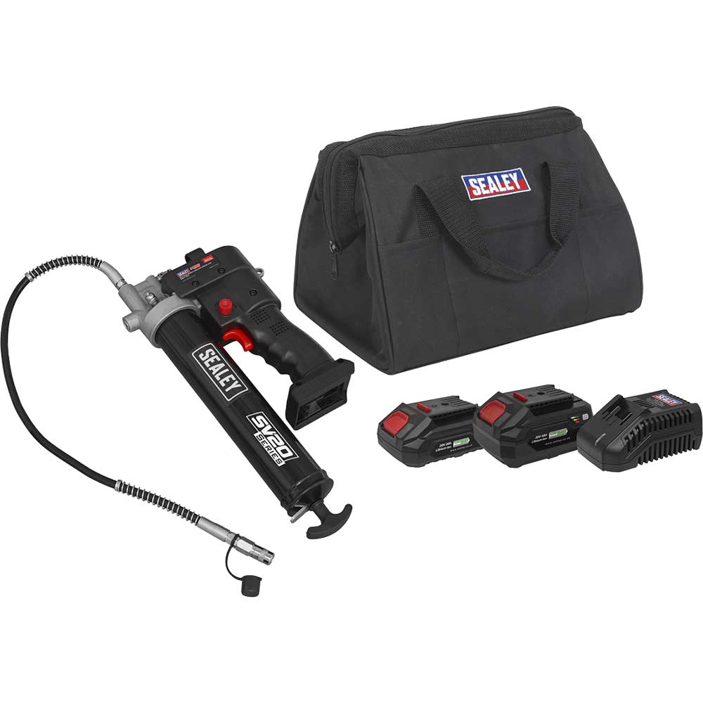 Sealey CP20VGRG 20v Cordless Grease Gun 1 x 2ah & 1 x 4ah Li-ion Battery Charger Bag