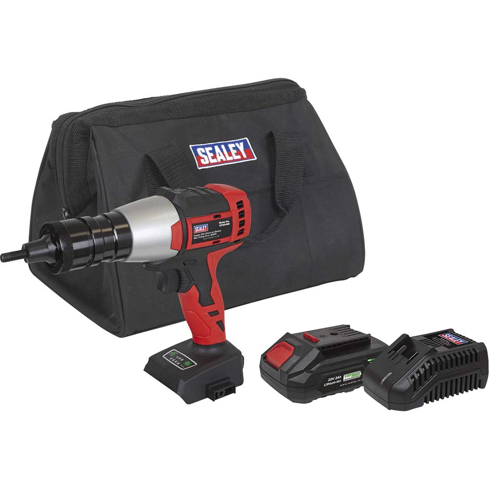 Sealey CP20VNR 20v Cordless Brushless Nut Riveter 1 x 2ah Li-ion Battery Charger Bag