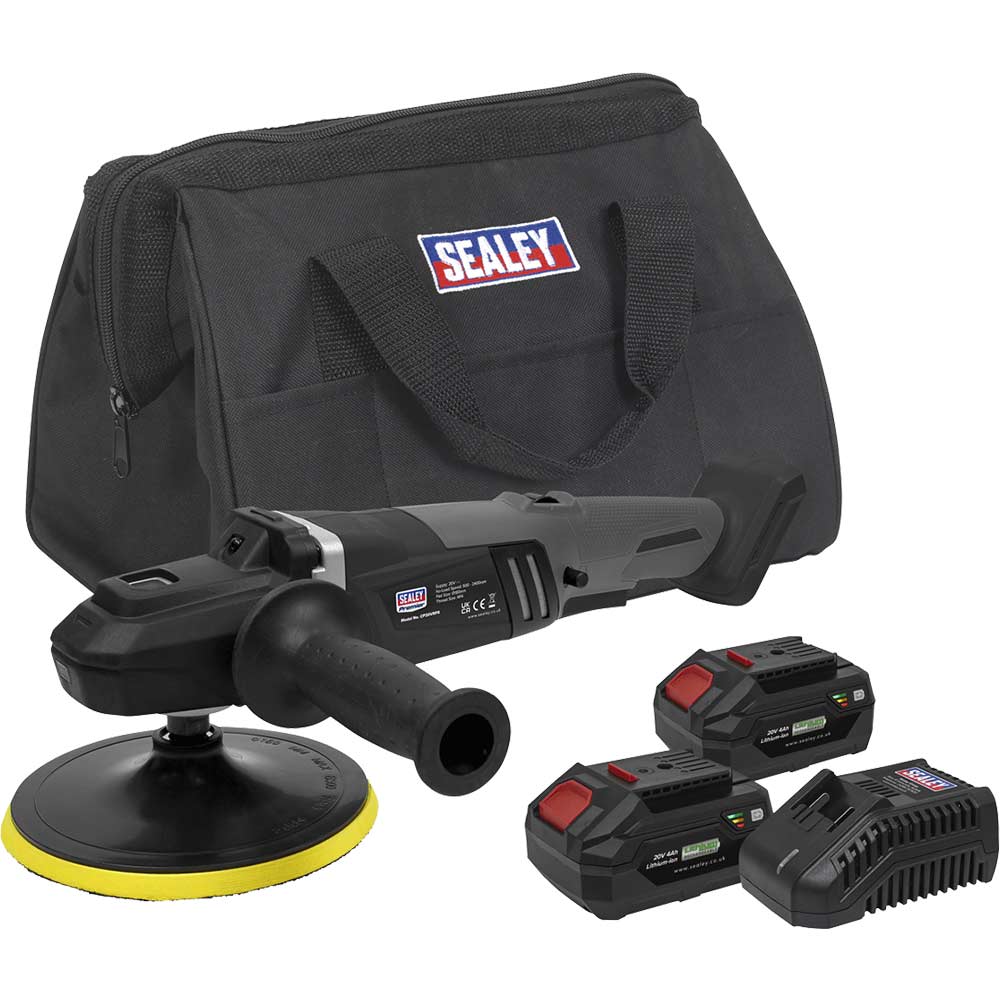 Sealey CP20VRPX 20v Cordless Brushless Rotary Polisher 180mm 2 x 4ah Li-ion Battery Charger Bag