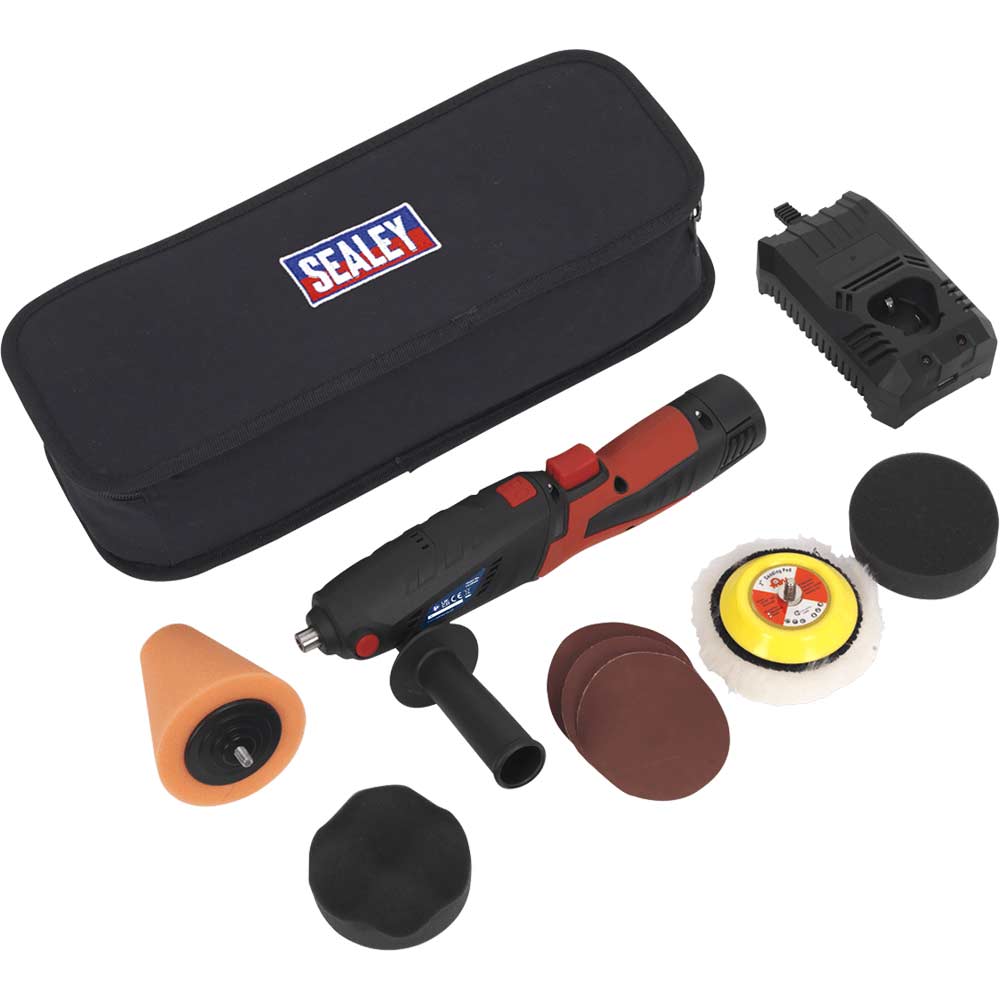 Sealey CP2812V 10.8v Cordless Mini Disc Polisher 75mm 1 x 1.5ah Li-ion Battery Charger Bag & Accessories