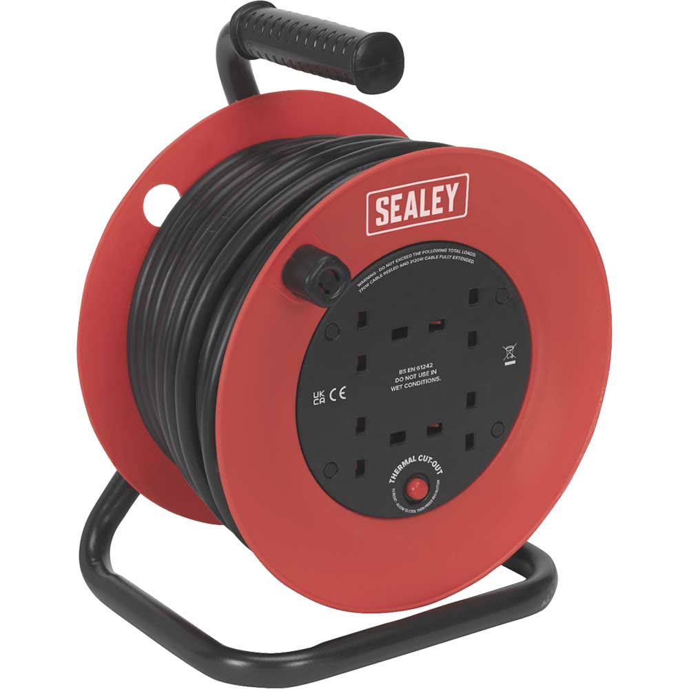 Sealey 4 Socket Heavy Duty Thermal Trip Cable Reel 240v 25m