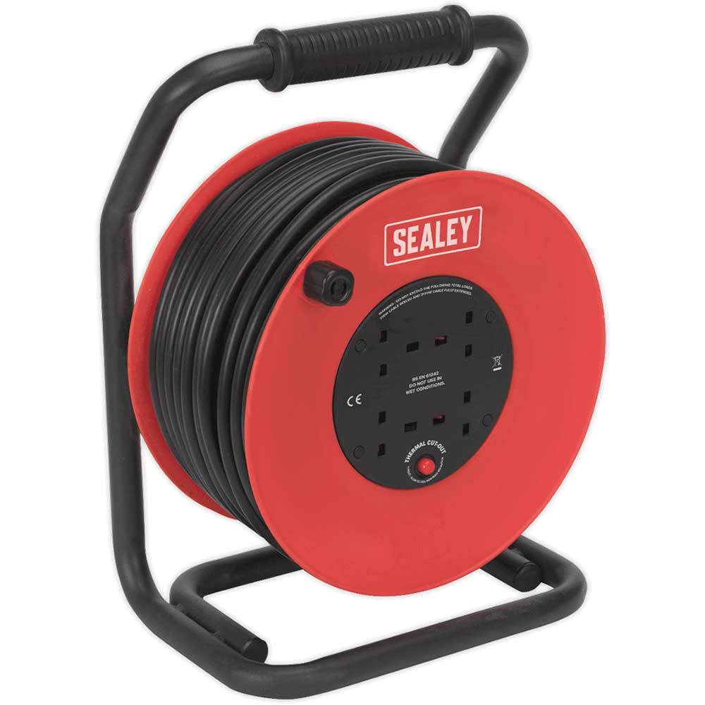 Sealey 4 Socket Heavy Duty Thermal Trip Cable Reel 240v 50m