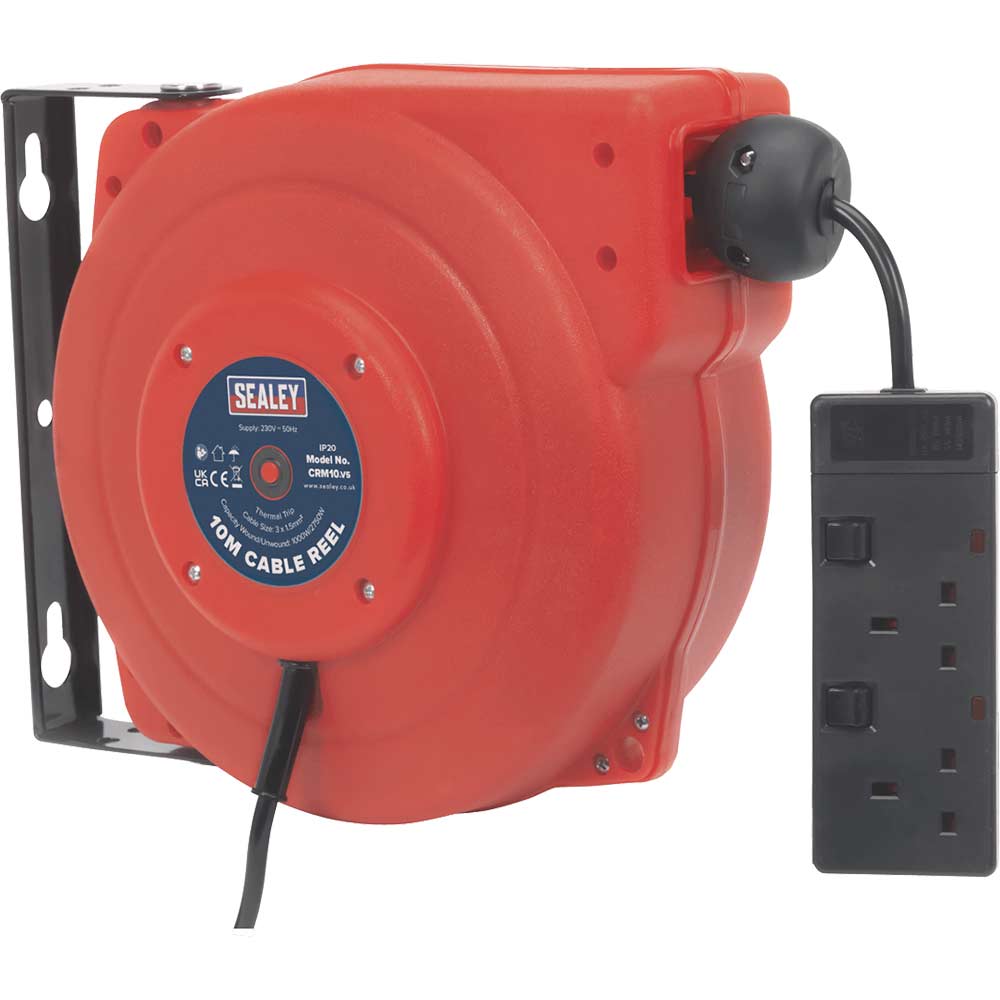 Sealey 2 Socket Wall Mount Cable Extension Reel 240v 10m