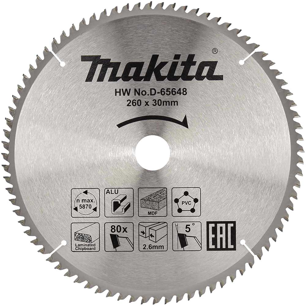 Image of Makita Multi Purpose Circular Saw Blade 260mm 80T 30mm
