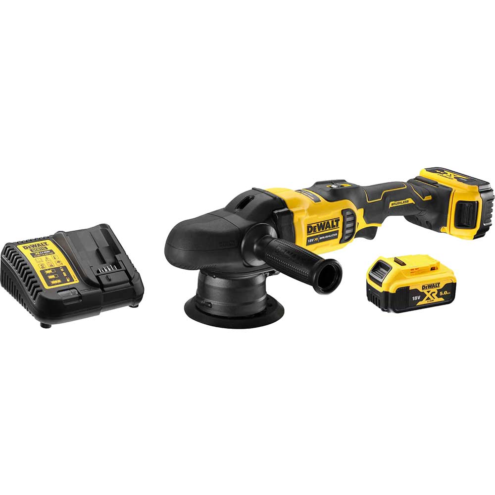DeWalt DCM848 18v XR Cordless Brushless 125mm Dual Action Polisher 2 x 5ah Li-ion Battery Charger Case
