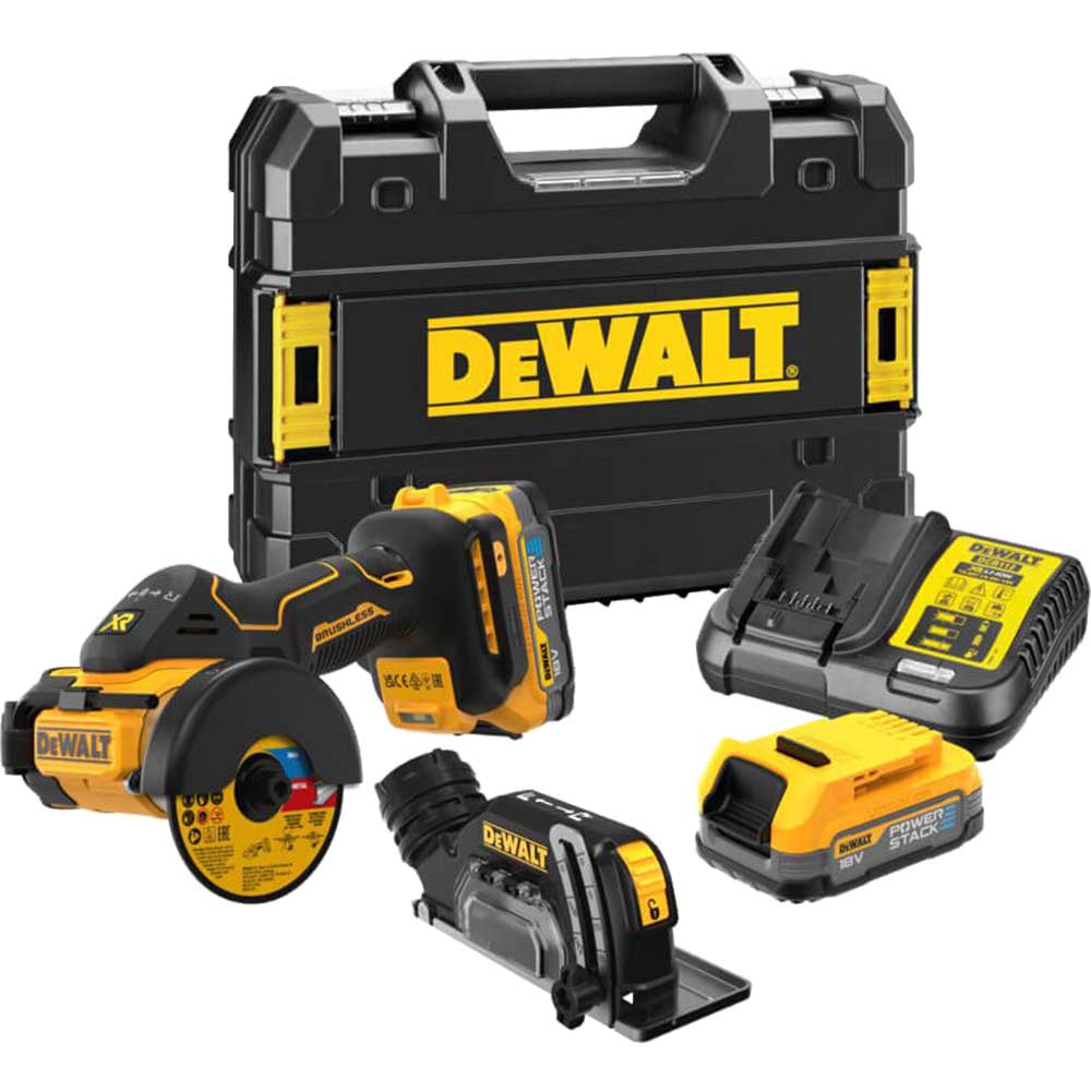 Image of DeWalt DCS438E2T 18v XR Brushless Mini Grinder / Saw 76mm 2 x 1.7ah Li-ion Powerstack Charger Case