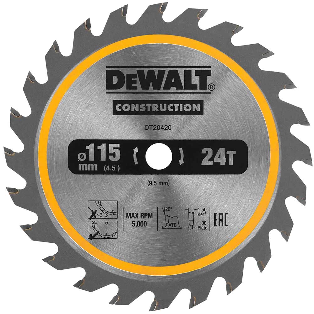 Image of DeWalt 115mm Construction Circular Saw Blade For DCS571 115mm 24T 9.5mm