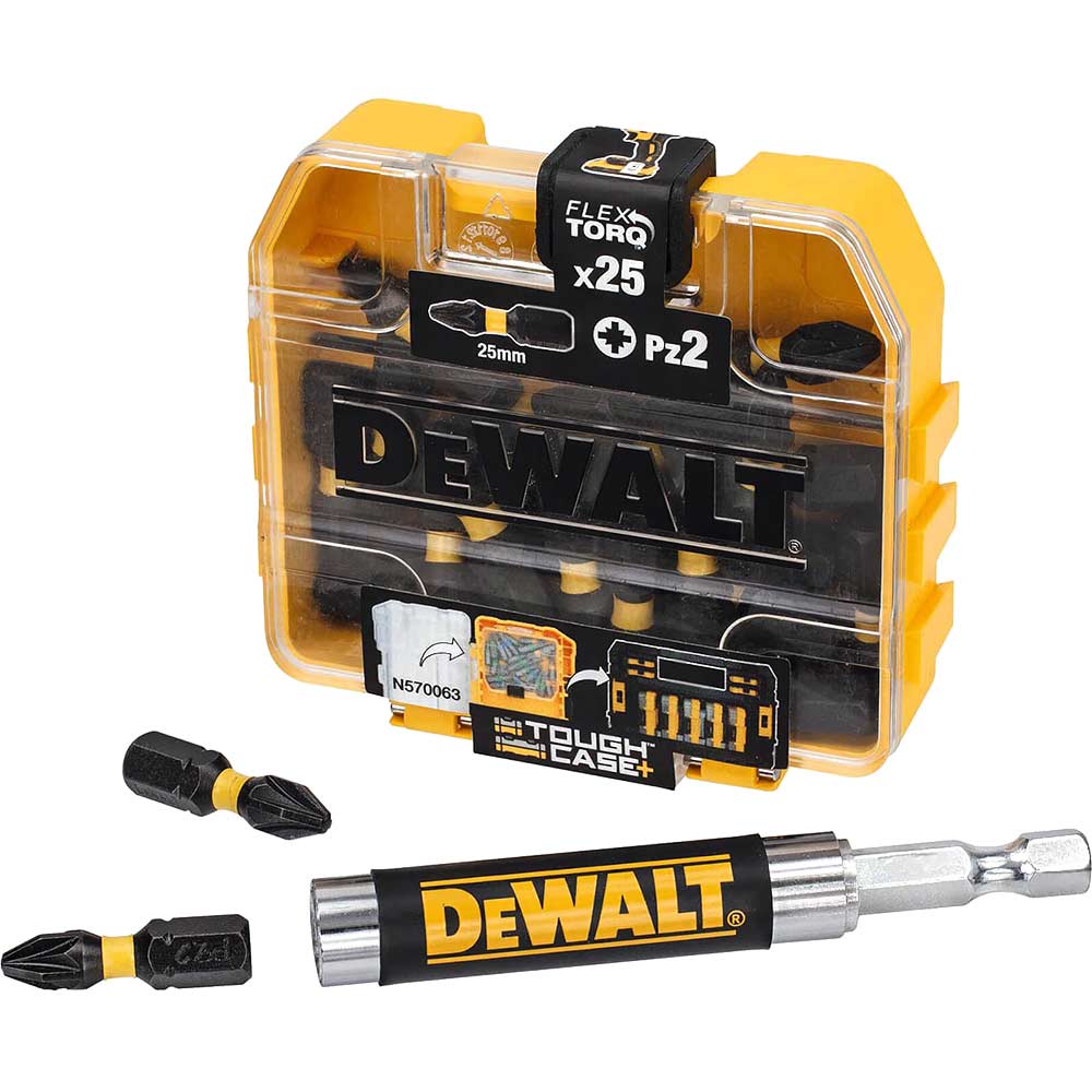 Image of DeWalt Extreme Flextorq Pozi Screwdriver Bits and Magnetic Drive Guide PZ2 25mm Pack of 25