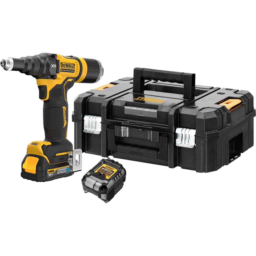 DeWalt DCF403 18V XR Cordless Brushless Riveter Gun 1 x 1.7ah Li-ion Powerstack Charger Case