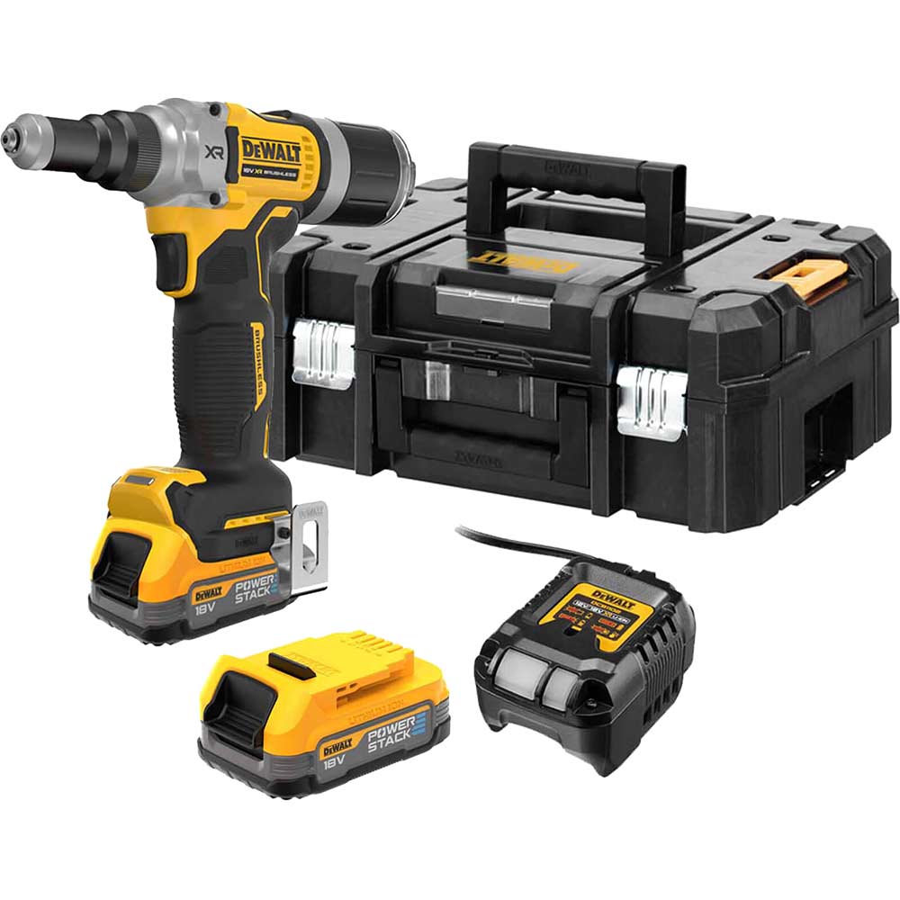 DeWalt DCF414 18v XR Cordless Brushless Riveter Gun 2 x 1.7ah Li-ion Powerstack Charger Case