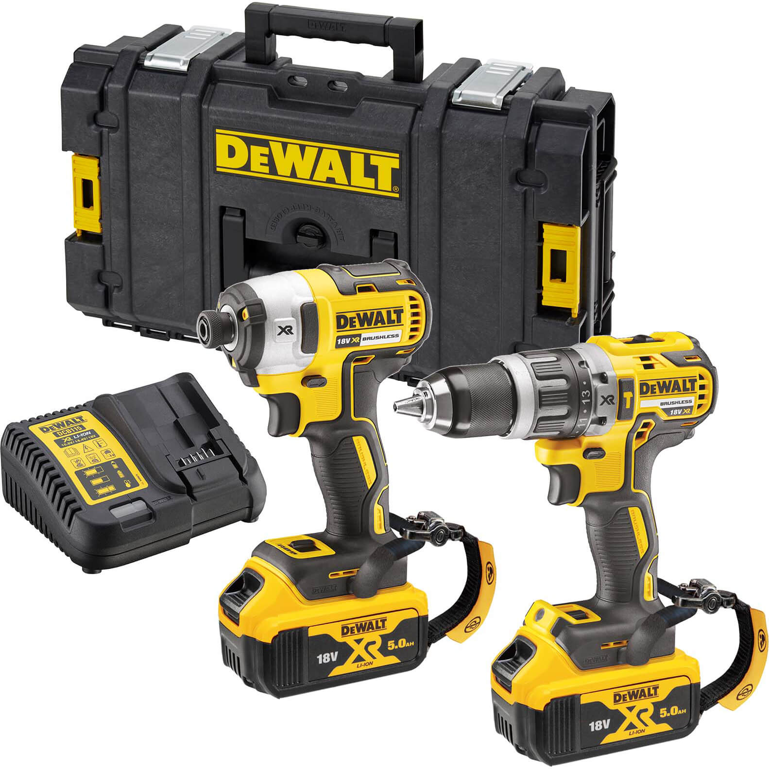 Image of DeWalt DCK266P2LR 18v XR Brushless Combi Drill and Impact Driver Lanyard Ready 2 x 5ah Li-ion Charger Case