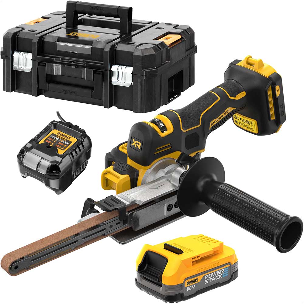 DeWalt DCM200 18v XR Cordless Brushless Belt Sander 1 x 1.7ah Li-ion Powerstack Charger Case