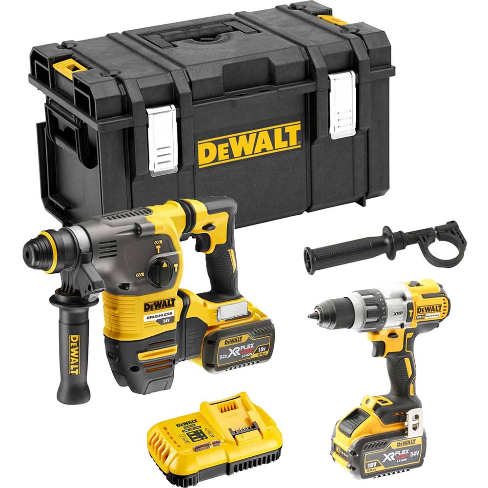 DeWalt DCK2033X2 54v XR Cordless Brushless FLEXVOLT SDS Hammer and Combi Drill Kit 2 x 9ah Li-ion Charger Case