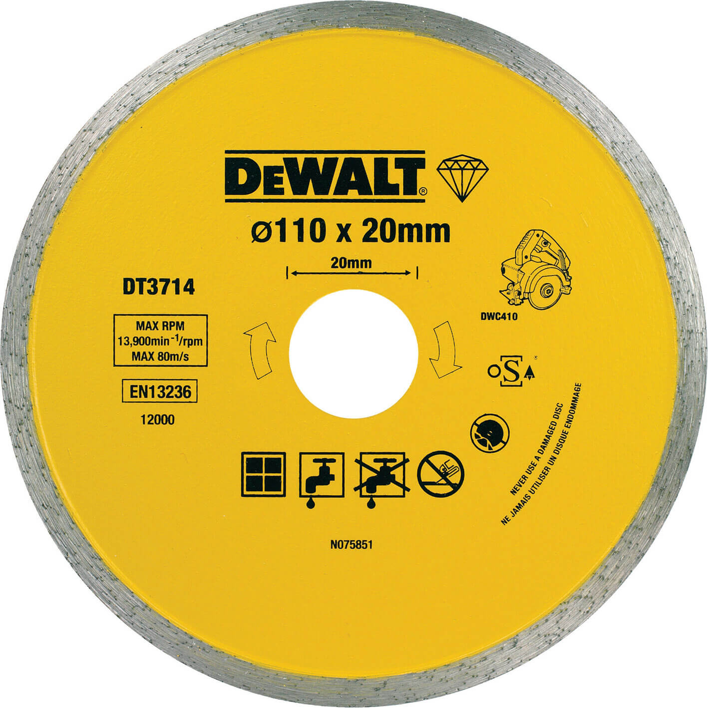 Image of DeWalt Diamond Ceramic Cutting Tile Saw Blades 110mm 1.6mm 20mm