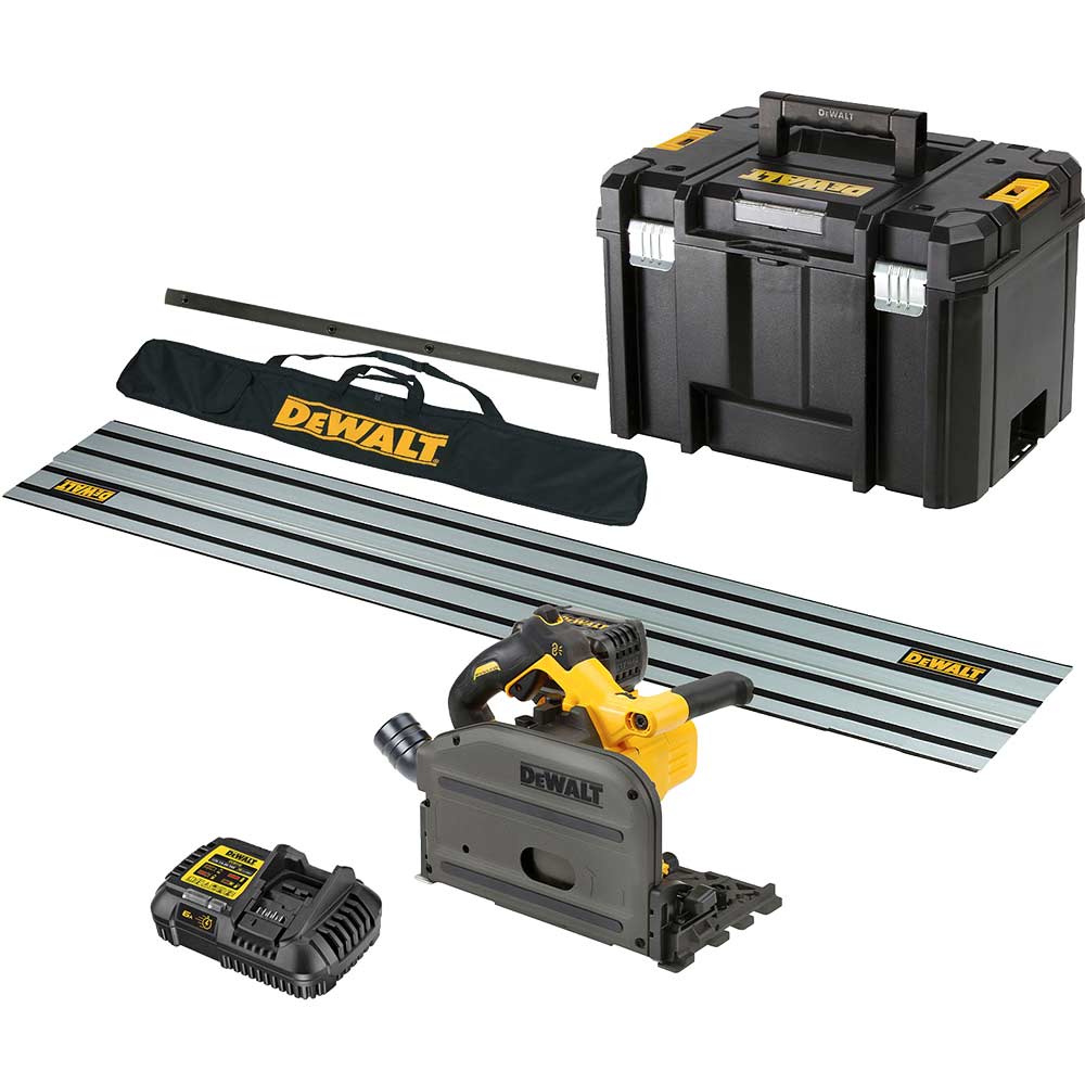 DeWalt DCS520 54v XR Cordless FlexVolt Plunge Saw and Guide Rail Kit 1 x 6ah Li-ion Battery Charger Case