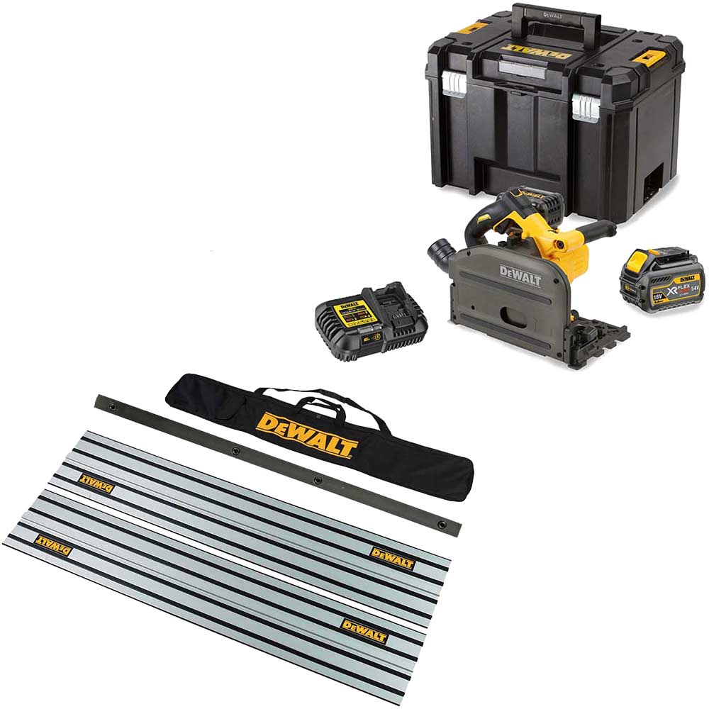 DeWalt DCS520 54v XR Cordless FlexVolt Plunge Saw and Guide Rails Kit 2 x 6ah Li-ion Battery Charger Case