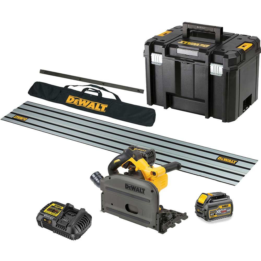 DeWalt DCS520 54v XR Cordless FlexVolt Plunge Saw and Guide Rail Kit 2 x 6ah Li-ion Battery Charger Case
