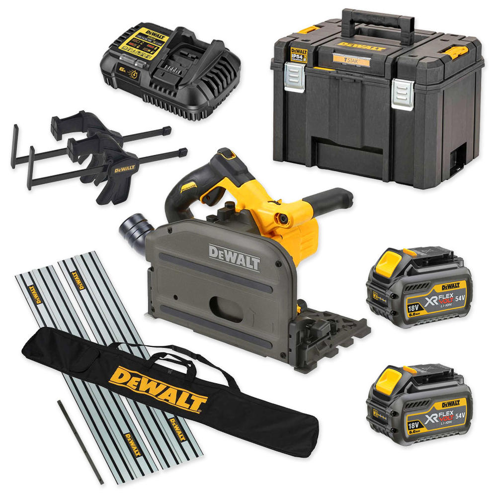 DeWalt DCS520 54v XR Cordless FlexVolt Plunge Saw and Guide Rails Kit 2 x 6ah Li-ion Battery Charger Case