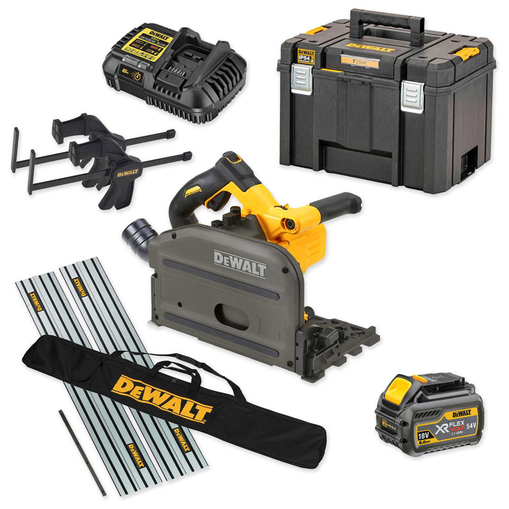 DeWalt DCS520 54v XR Cordless FlexVolt Plunge Saw and Guide Rails Kit 1 x 6ah Li-ion Battery Charger Case