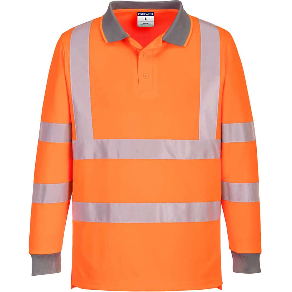 Image of Portwest Eco Long Sleeve Hi Vis Polo Shirts Multi Pack Orange M Pack of 6