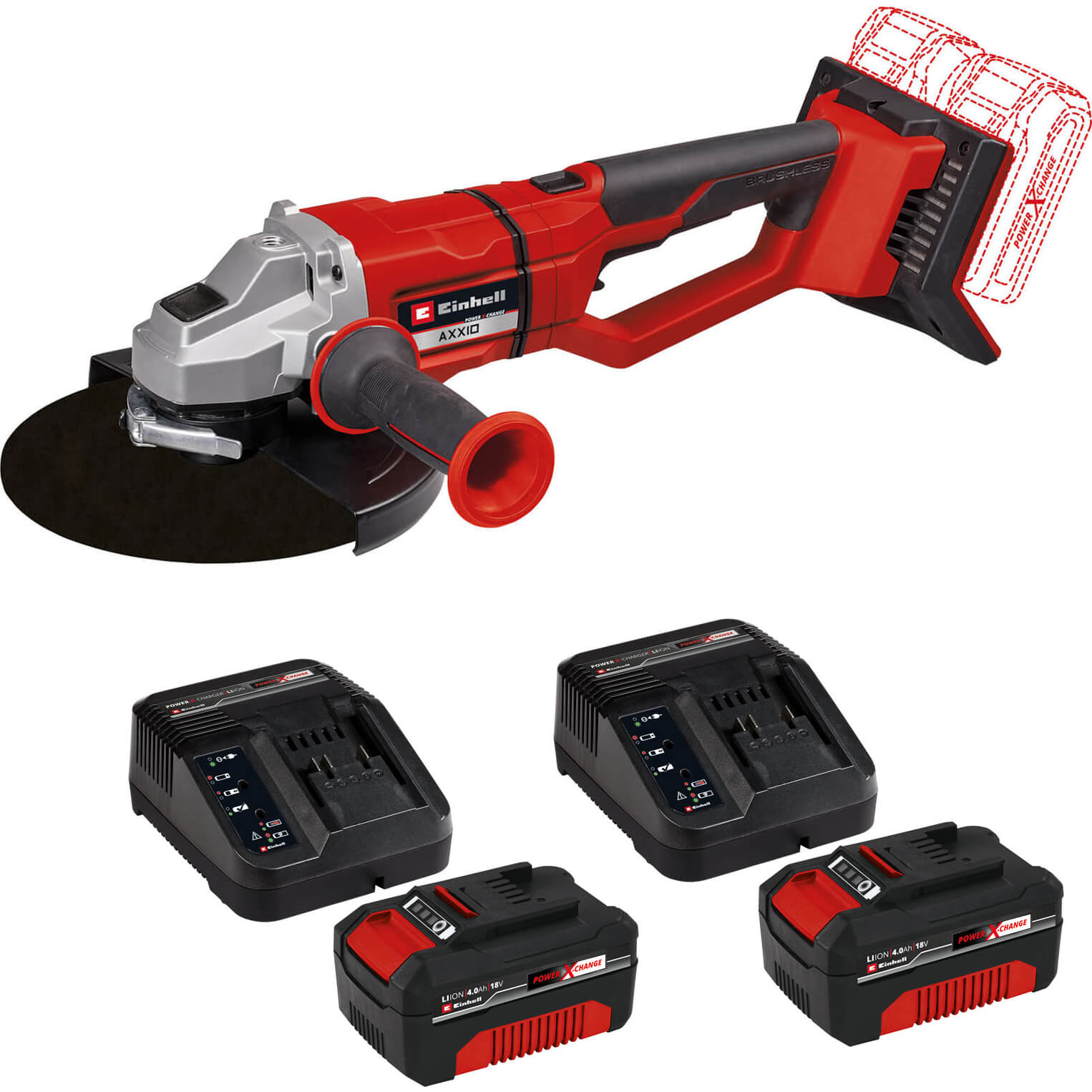 Image of Einhell AXXIO 36/230 Q 36v Cordless Brushless Angle Grinder 230mm 2 x 4ah Li-ion Charger No Case
