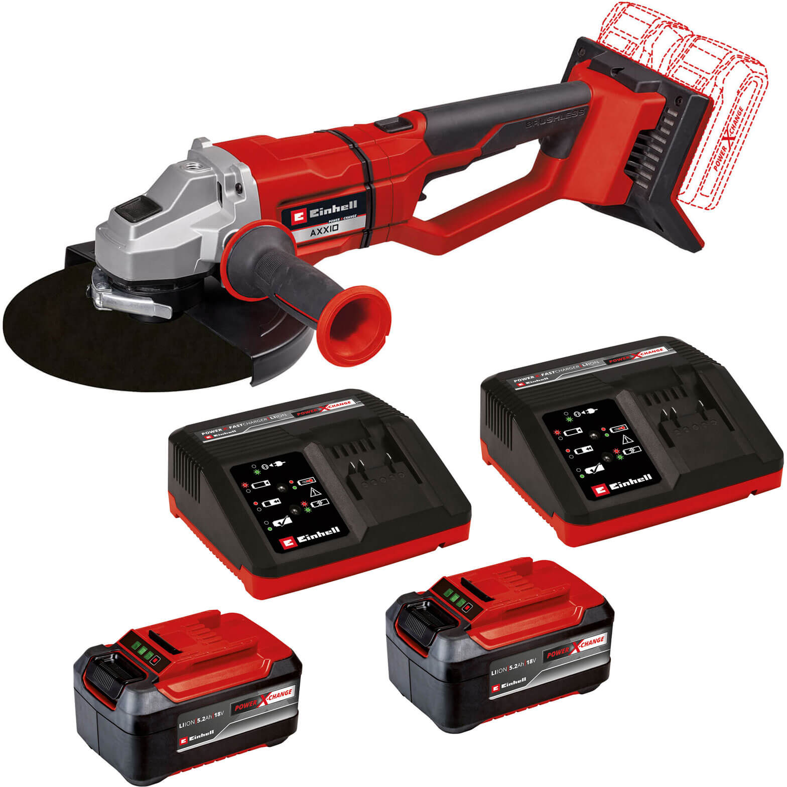 Image of Einhell AXXIO 36/230 Q 36v Cordless Brushless Angle Grinder 230mm 2 x 5.2ah Li-ion Charger No Case