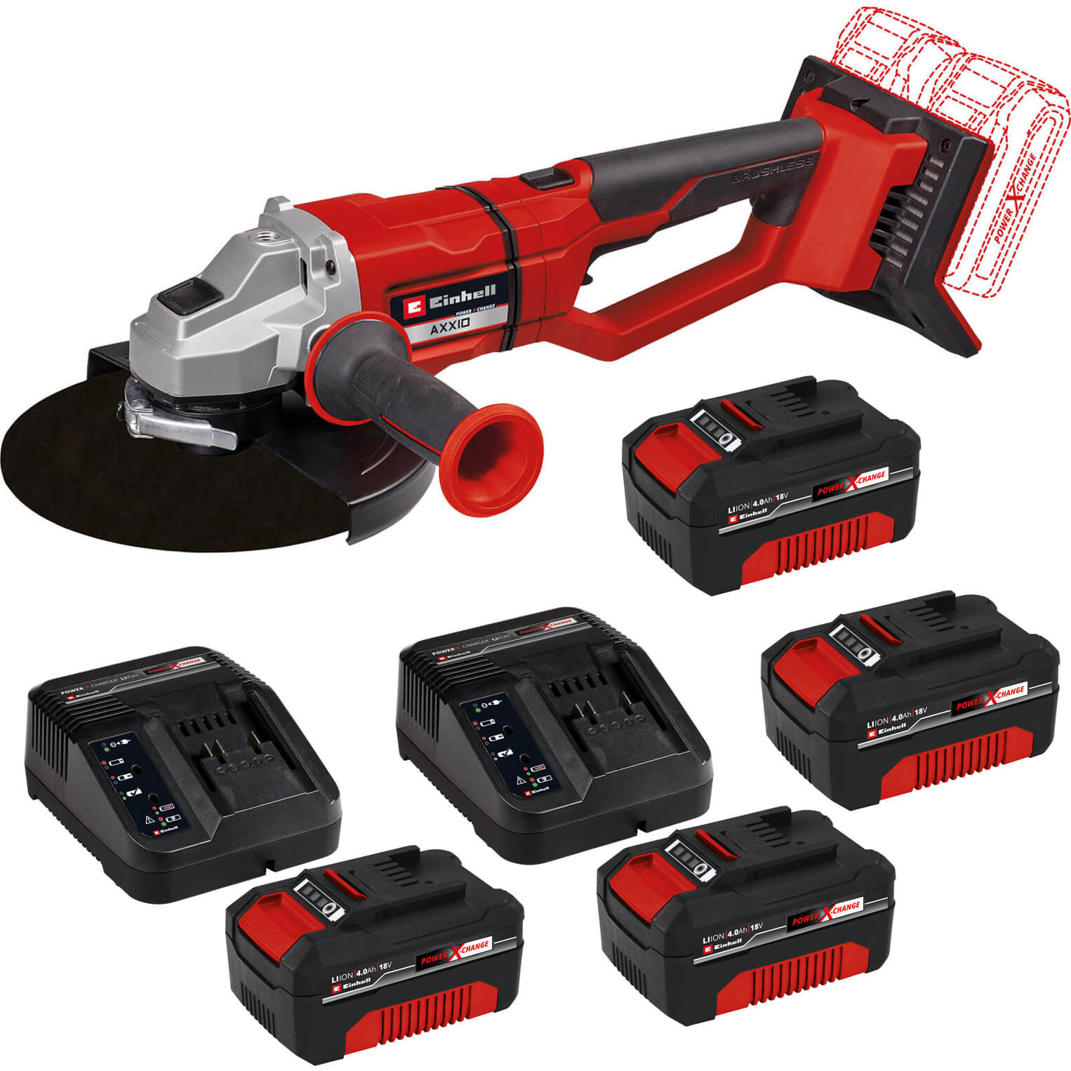 Image of Einhell AXXIO 36/230 Q 36v Cordless Brushless Angle Grinder 230mm 4 x 4ah Li-ion Charger No Case