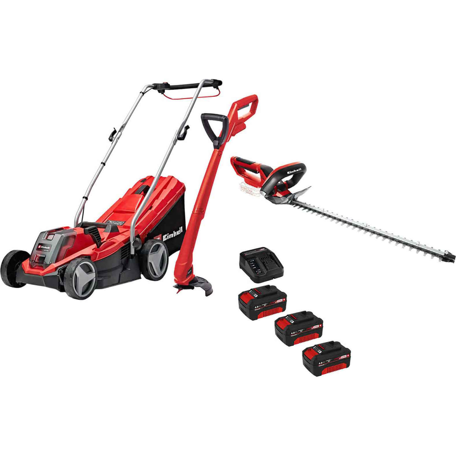 Einhell GE-CM 18v Cordless Rotary Lawnmower, Grass and Hedge Trimmer Kit 3 x 4ah Li-ion Battery Charger