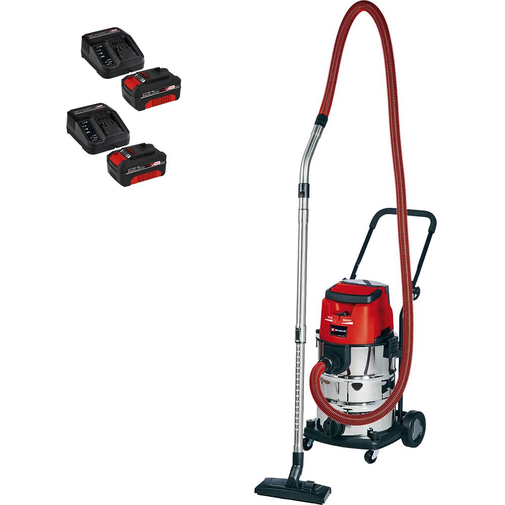 Einhell TE-VC 36/30 Li S 36v Cordless Stainless Steel Wet and Dry Vacuum Cleaner 30L 2 x 4ah Li-ion Twin or Dual Battery Charger