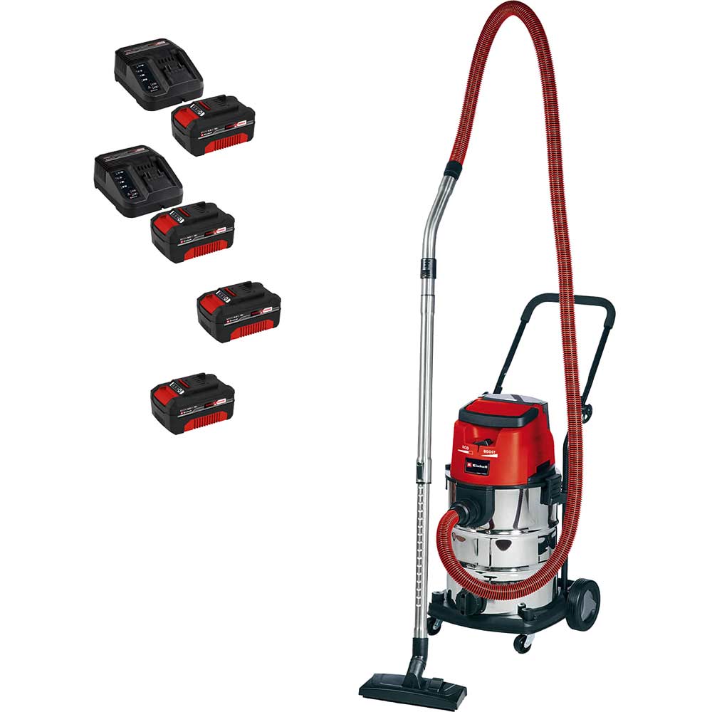 Einhell TE-VC 36/30 Li S 36v Cordless Stainless Steel Wet and Dry Vacuum Cleaner 30L 4 x 4ah Li-ion Twin or Dual Battery Charger