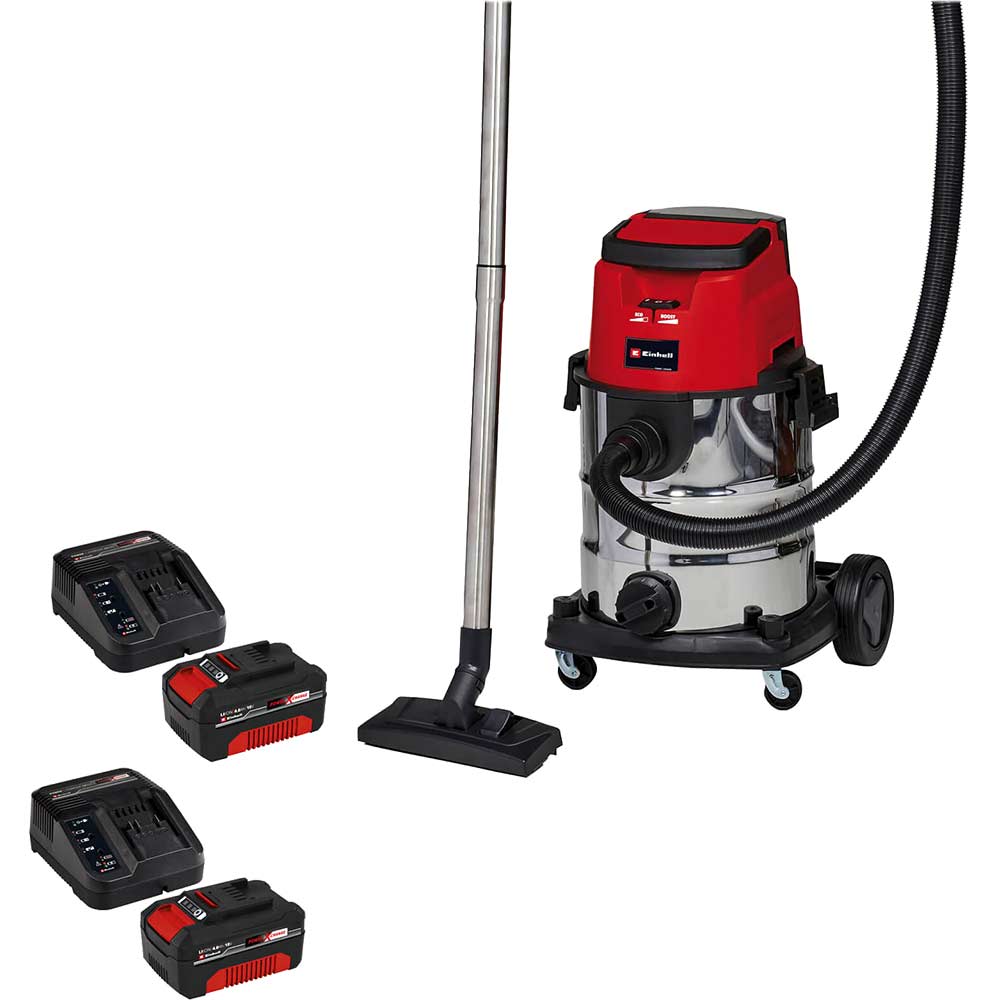 Einhell TE-VC 36/25 Li S 36v Cordless Stainless Steel Wet and Dry Vacuum Cleaner 25L 2 x 4ah Li-ion Twin or Dual Battery Charger