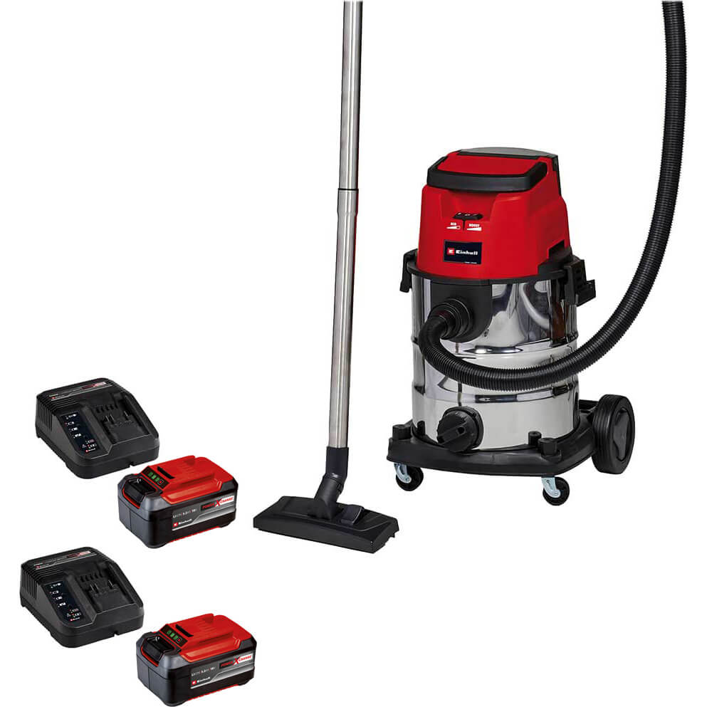 Einhell TE-VC 36/25 Li S 36v Cordless Stainless Steel Wet and Dry Vacuum Cleaner 25L 2 x 5.2ah Li-ion Twin or Dual Battery Charger