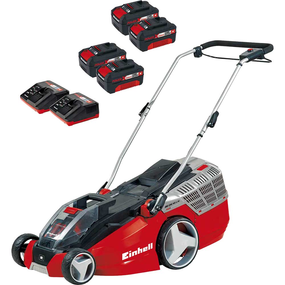 Einhell GE-CM 43 Li M 36v Cordless Brushless Lawnmower 430mm 4 x 4ah Li-ion Twin or Dual Battery Charger