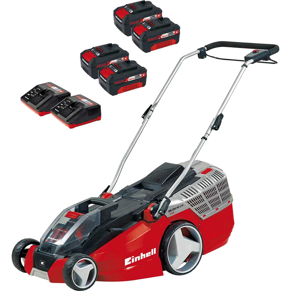 Image of Einhell GE-CM 43 Li M 36v Cordless Brushless Lawnmower 430mm 4 x 4ah Li-ion Charger