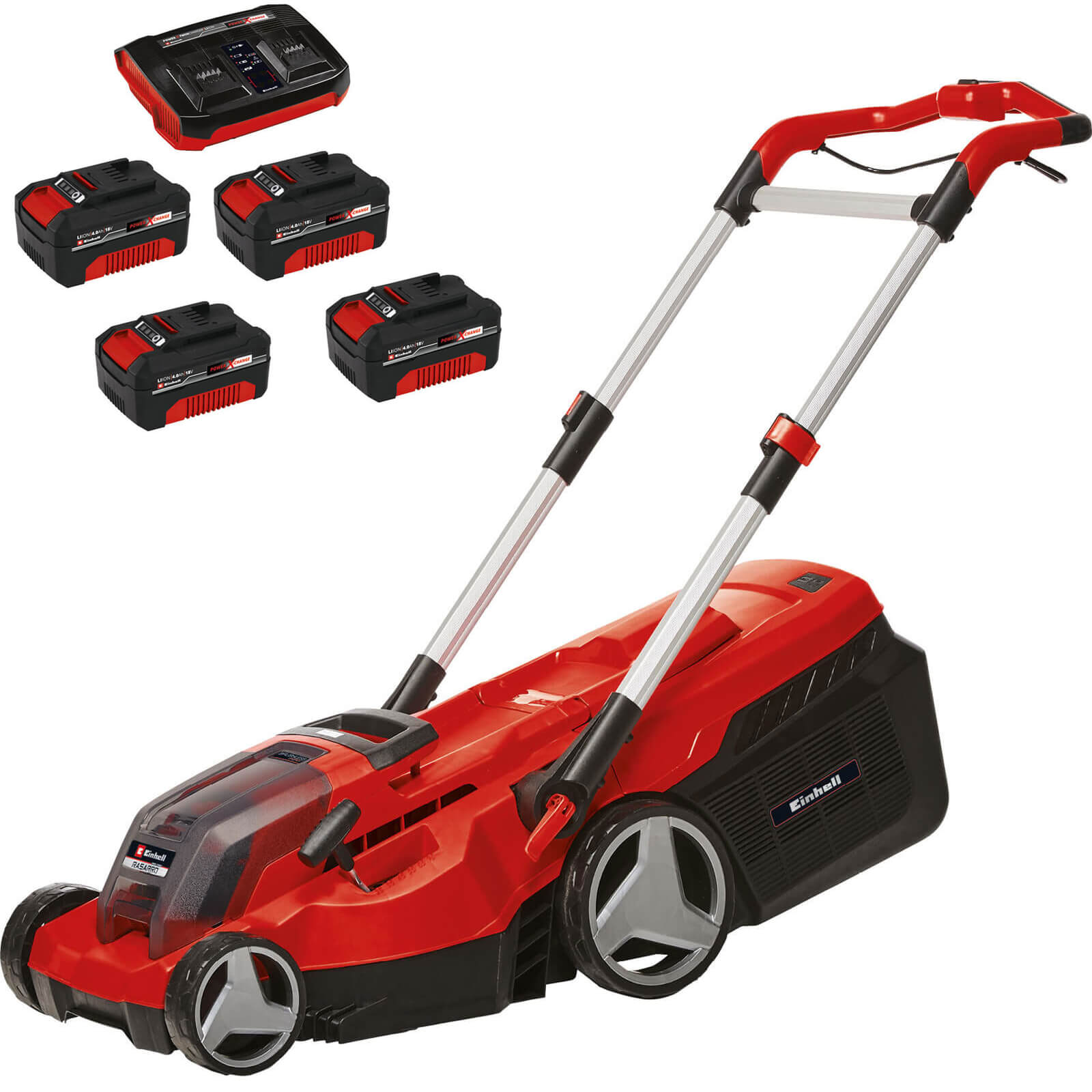 Image of Einhell RASARRO 36/38 36v Cordless Brushless Rotary Lawnmower 380mm 4 x 4ah Li-ion Twin Battery Charger