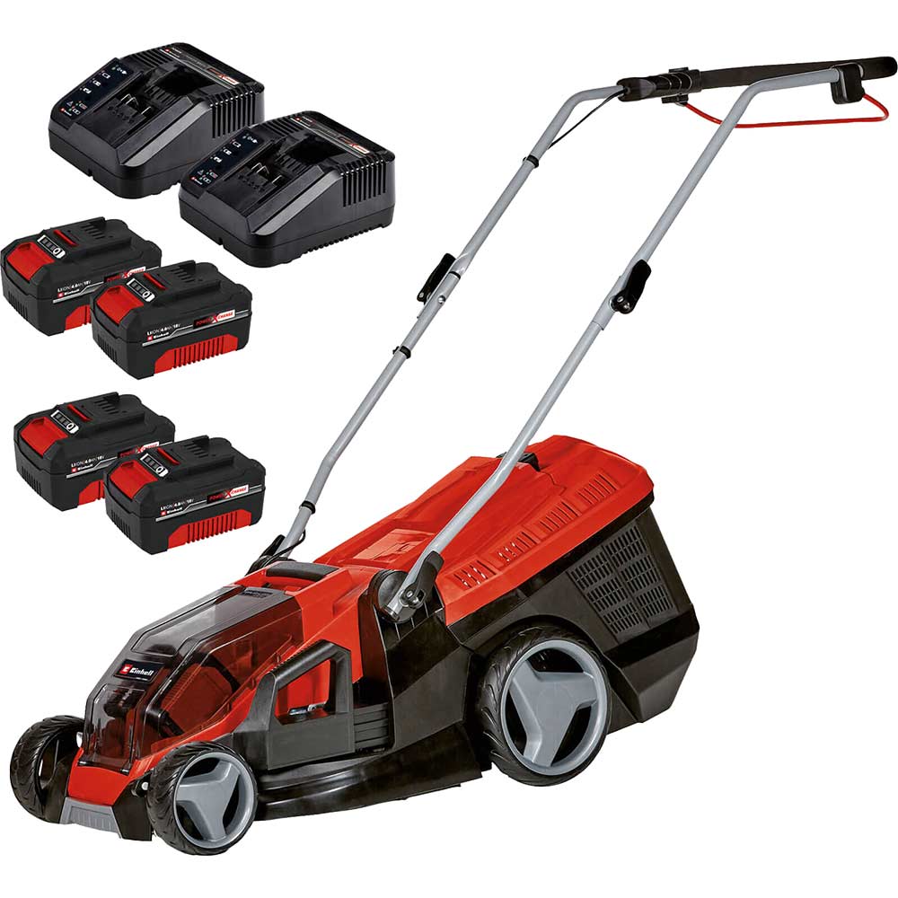 Einhell GE-CM 36/36 Li 36v Cordless Brushless Rotary Lawnmower 360mm 4 x 4ah Li-ion Twin or Dual Battery Charger