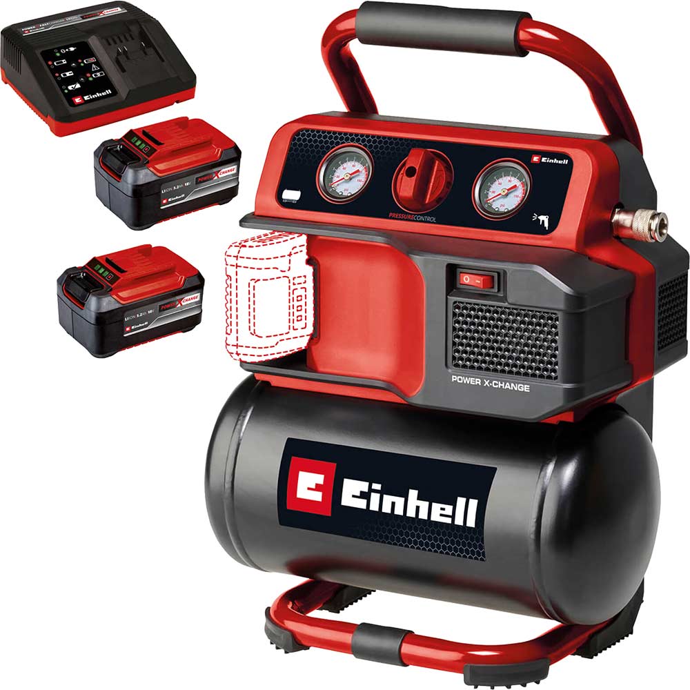 Einhell TE-AC 18/75 Li OF 18v Cordless Oil Free Air Compressor 5 Litre 2 x 5.2ah Li-ion Battery Charger
