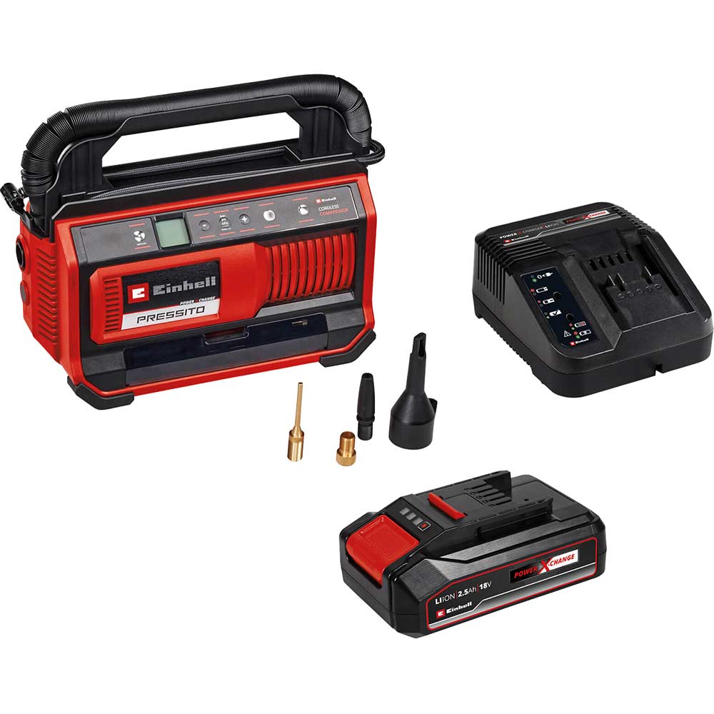 Einhell PRESSITO 18/25 18v Cordless Air Compressor Pump and Inflator 1 x 2.5ah Li-ion Battery Charger