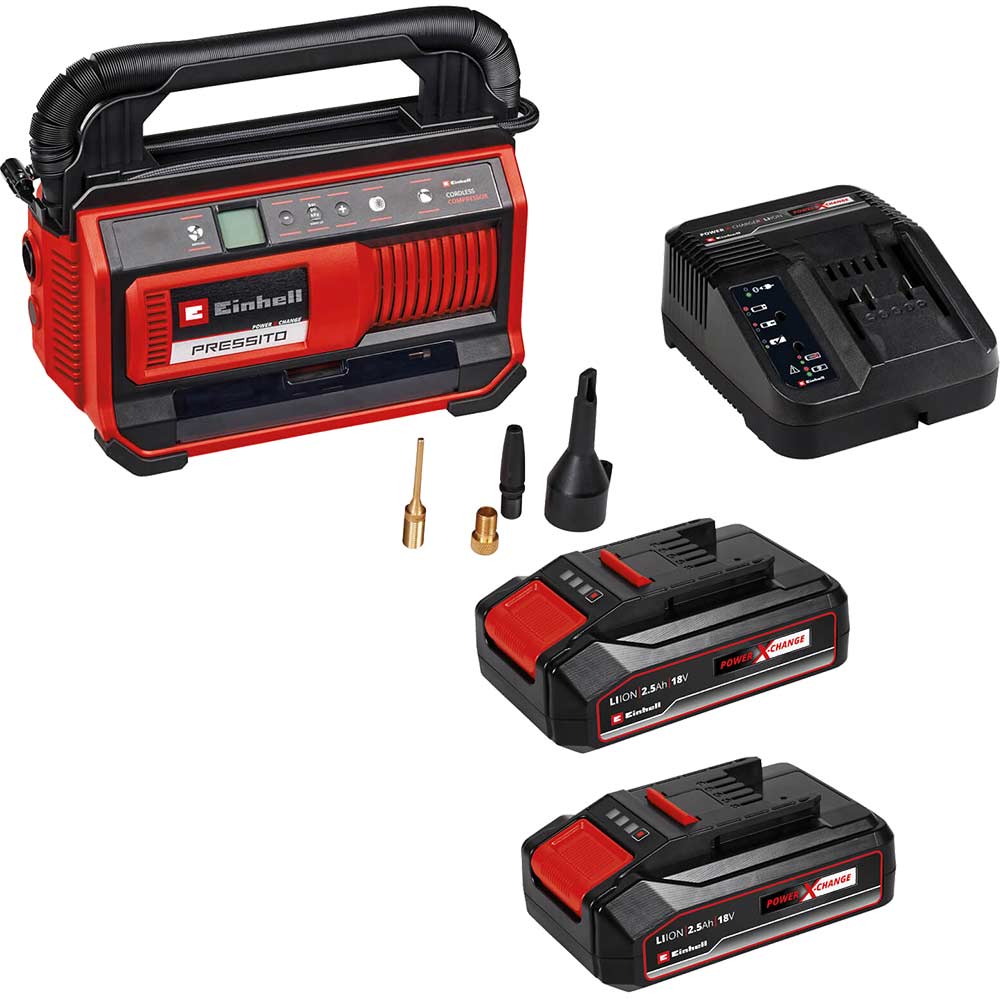Einhell PRESSITO 18/25 18v Cordless Air Compressor Pump and Inflator 2 x 2.5ah Li-ion Battery Charger