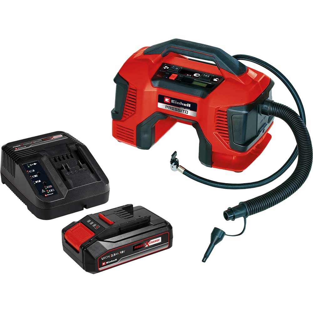 Einhell PRESSITO 18/21 18v Cordless Air Compressor Pump and Inflator 1 x 2.5ah Li-ion Battery Charger